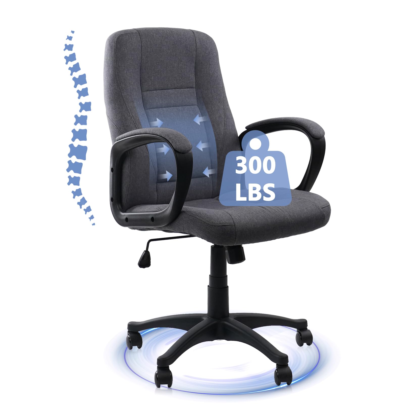 CLATINA Grey Cloth Breathable Fabric Desk Chair, Adjustable Height Mid Back Support Office Chair,Ergonomic Upholstered Computer chair with Arms & Wheels for Home, Office, Conference Room