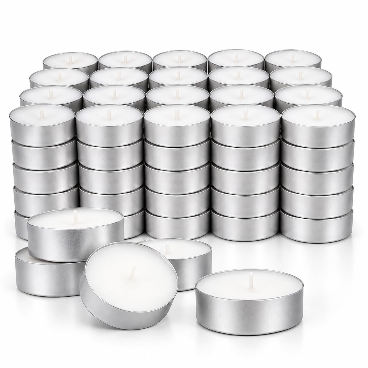 Rainberg Unscented Tea Light Candles White, 8 Hour Burn Time, Pack of 50, Long Burning Tealights, Wax Candles for Home Décor, Weddings, Parties and Events