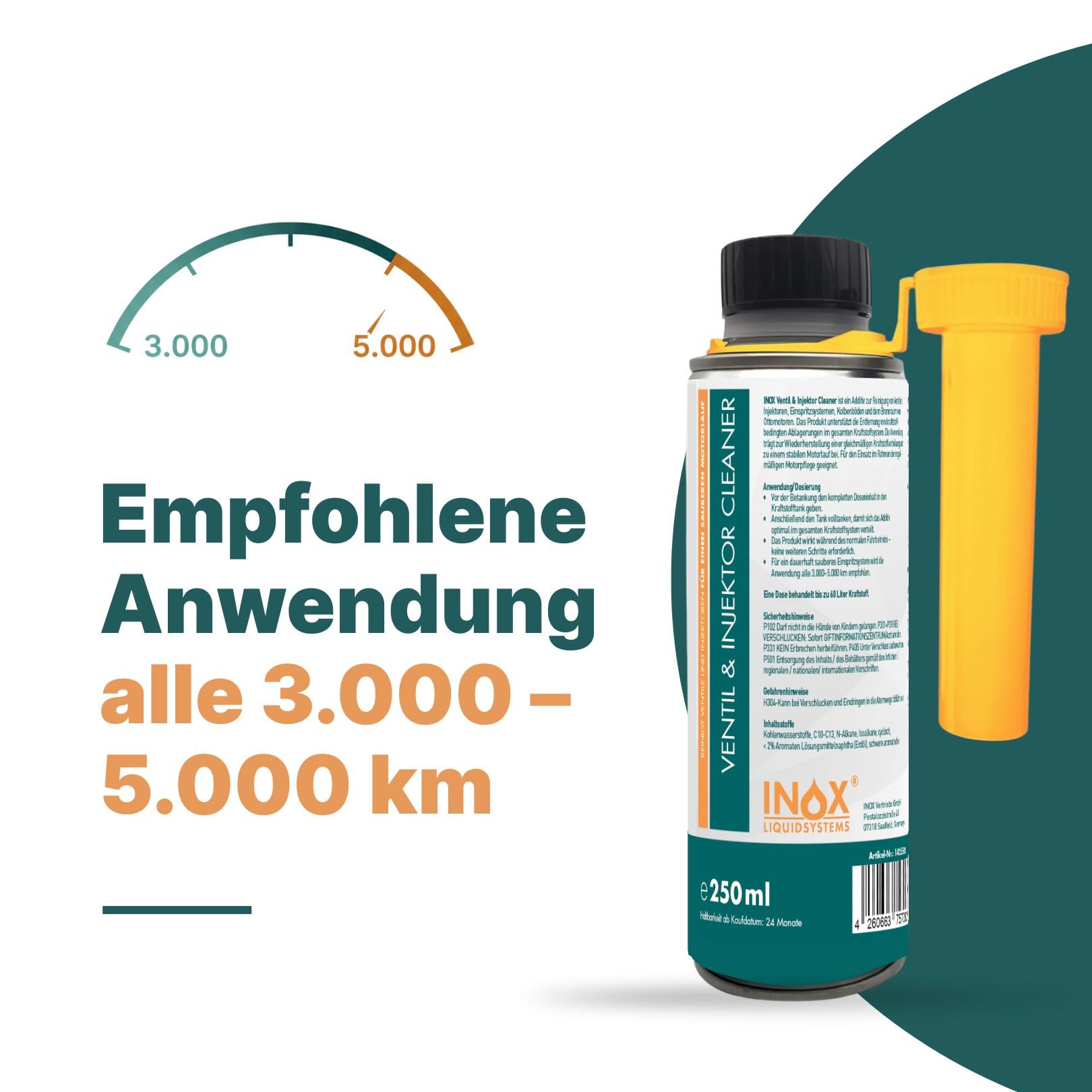 INOX Ventil und Einspritzdüsenreiniger Additiv 6x250ml – Benzin Additiv zur Reinigung von Einspritzsystem, Ventilen & Brennraum – Kraftstoffsystem Reiniger für Ottomotoren – 1 Dose bis 60L