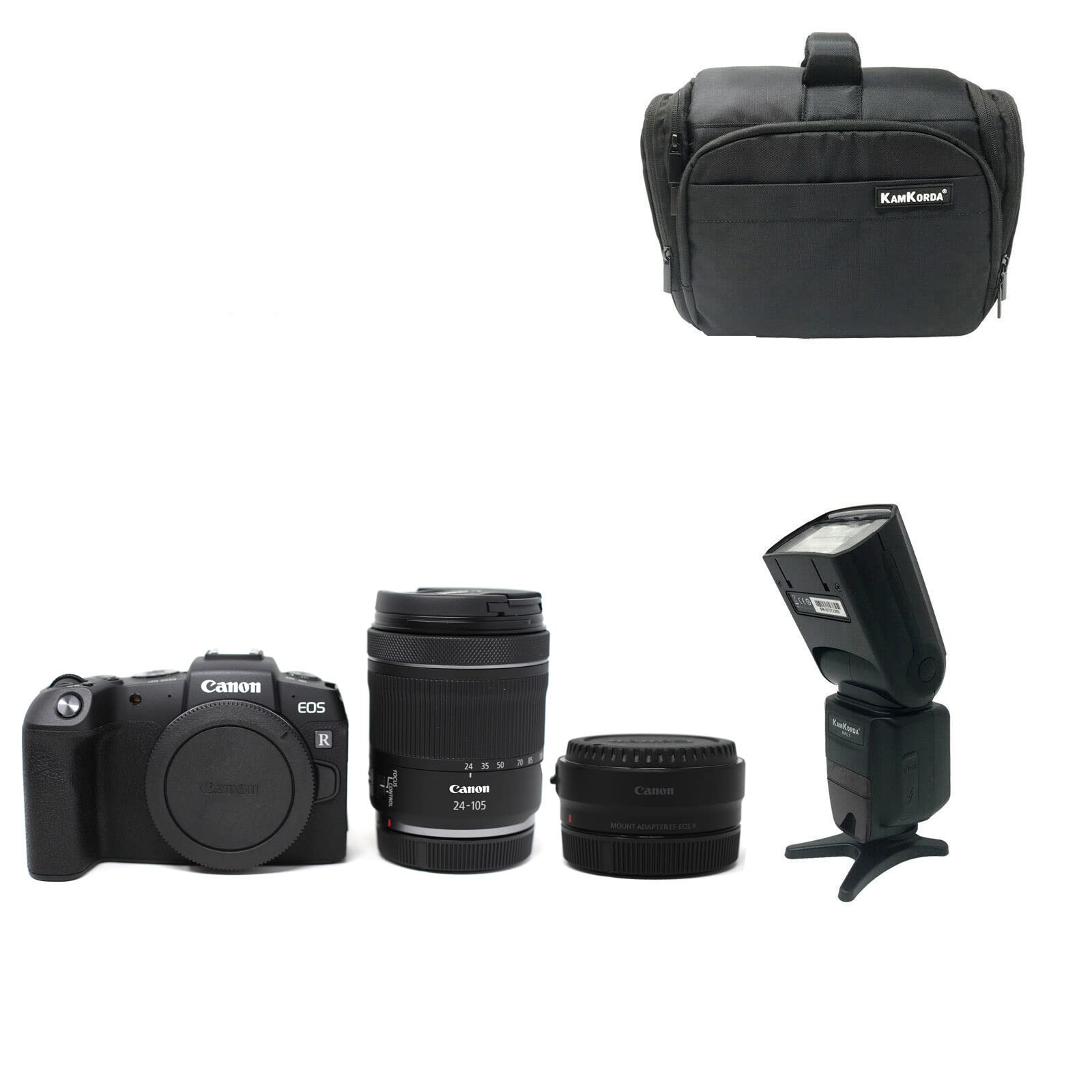 KamKordaCamera Bag + Flash + RP Mirrorless Digital Camera Body + EF R mount adapter + RF 24-105mm f/4-7.1 IS STM Lens, 26.2MP Full-Frame CMOS Sensor DIGIC 8 Image Processor