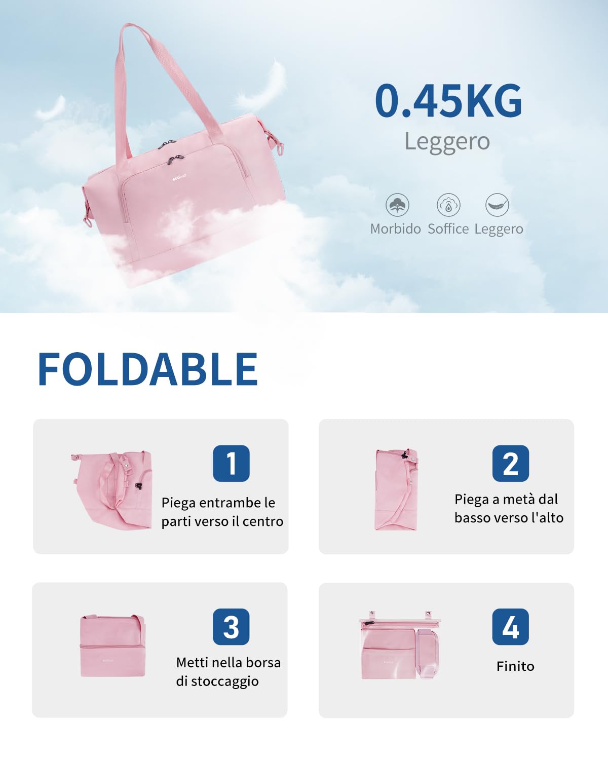 ECOHUB Borsone da Viaggio Pieghevole, Borsa da Viaggio Resistente All'acqua 40x30x20 per Ryanair, Bagaglio a Mano con Tasca Rimovibile per Oggetti Bagnati per Palestra, Aereo, Weekend,24L Rosa