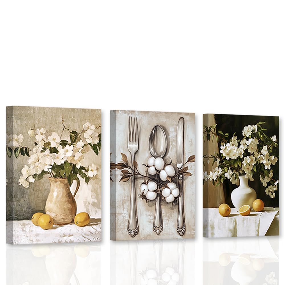 CXHOSTENT Vintage Kitchen Canvas Wall Art Lemon Pictures 3 Pieces Fork Knife Spoon Print Rustic Dining Room Restaurant Decor Framed (60x90cmx3)