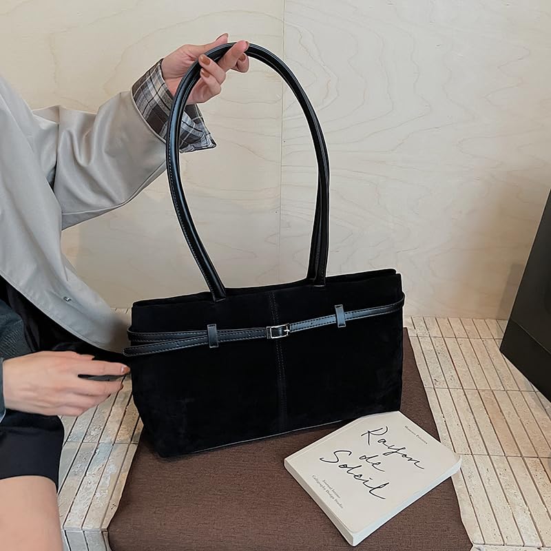 Suede Large Capacity Shoulder Bag w/Buckle Belt Detailing for Daily Use(Black)3