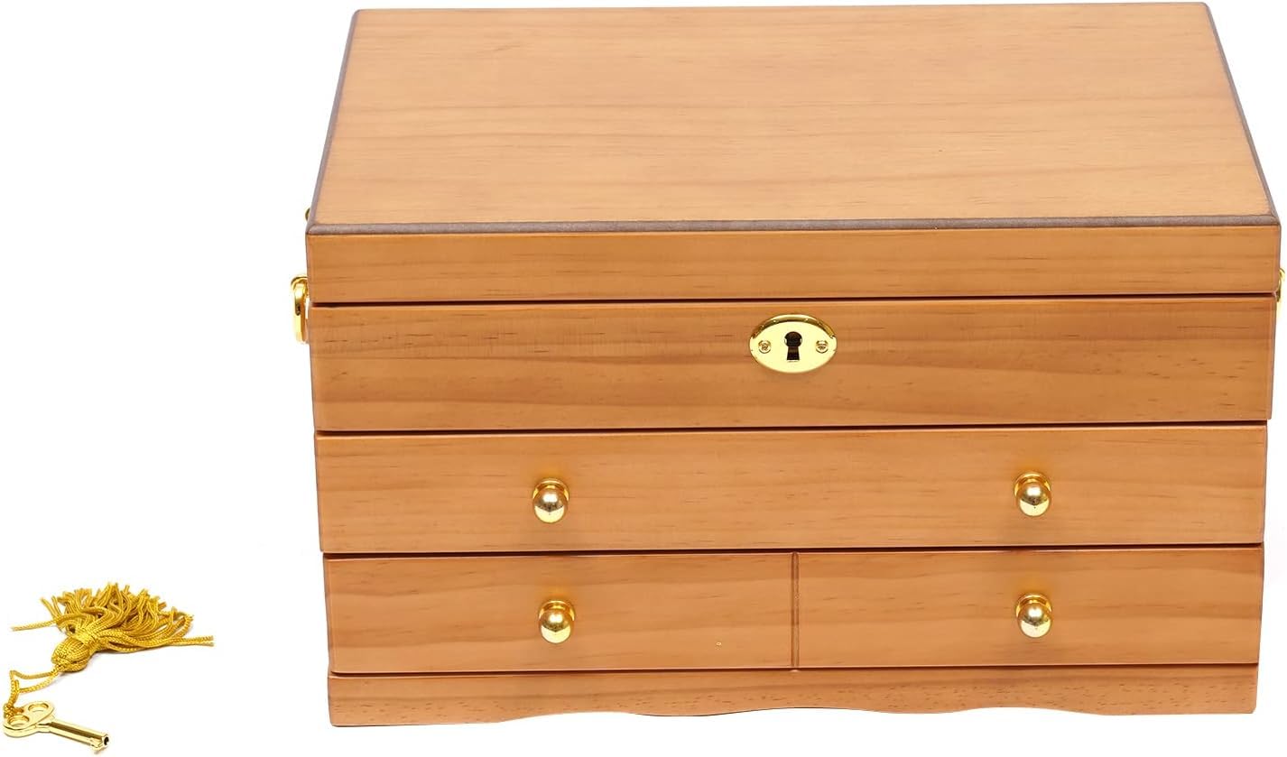 Portagioie a 3 livelli, terzo piano, anello regalo, 2 cassetti, con chiusura a chiave, in legno, per anelli, orecchini, collane, bracciali