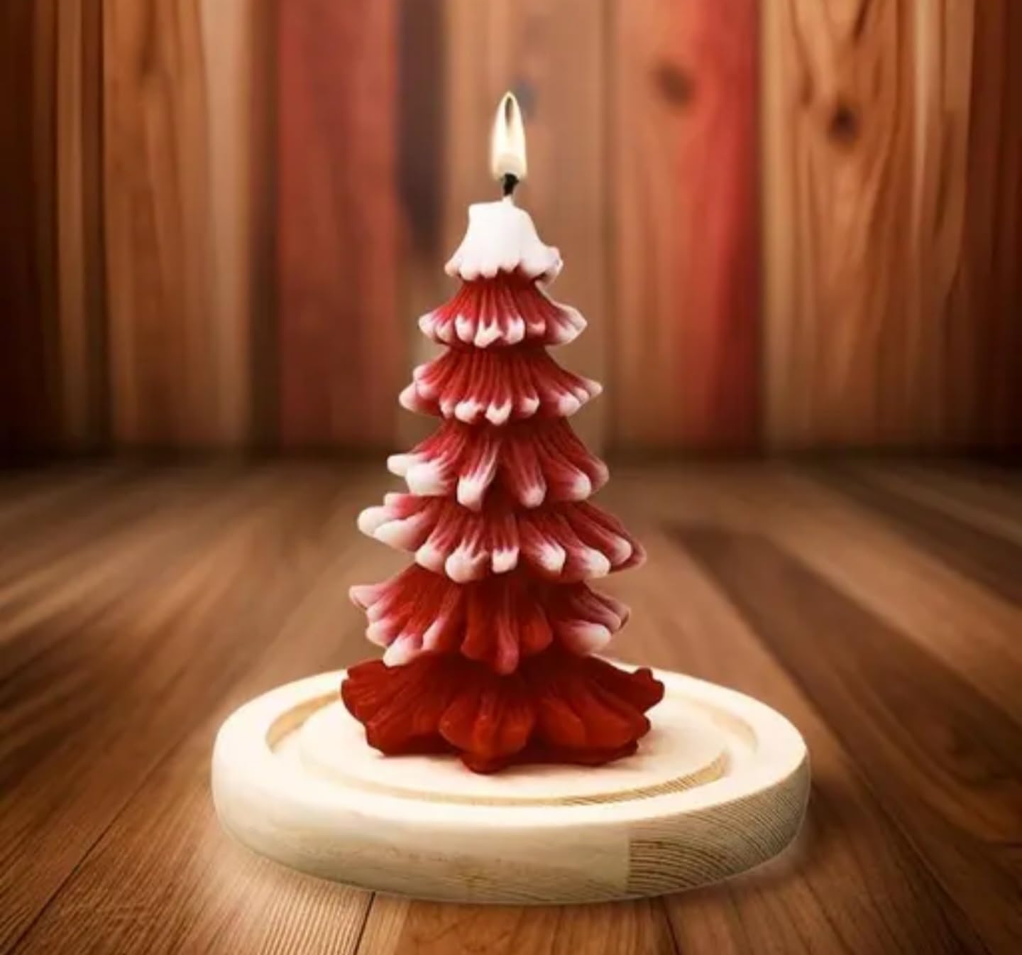 Red and White Christmas Tree Candle with Wooden Base, Decorative Holiday Candle