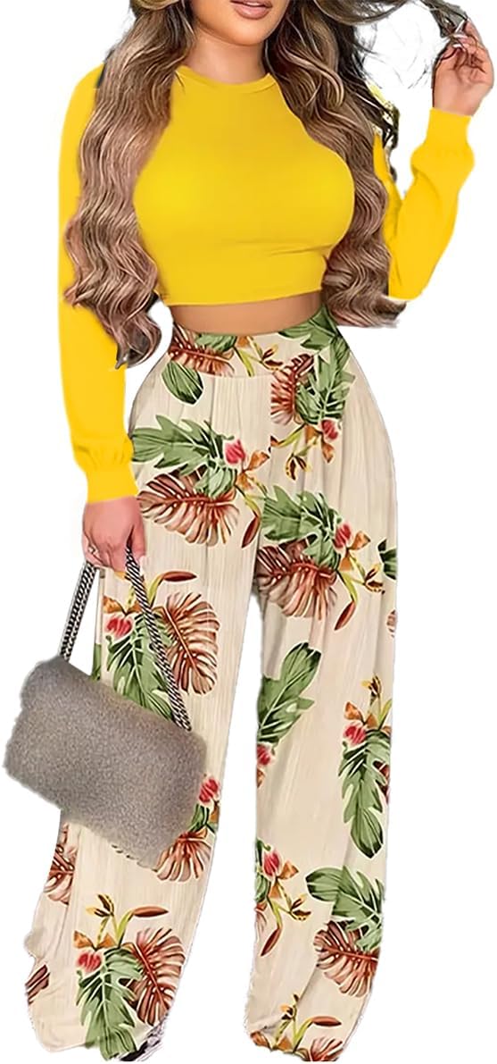 2 Piece Outfits for Women Long Sleeve Crop Top High Waist Wide Leg Long Pant Sets Tracksuit Sport Set