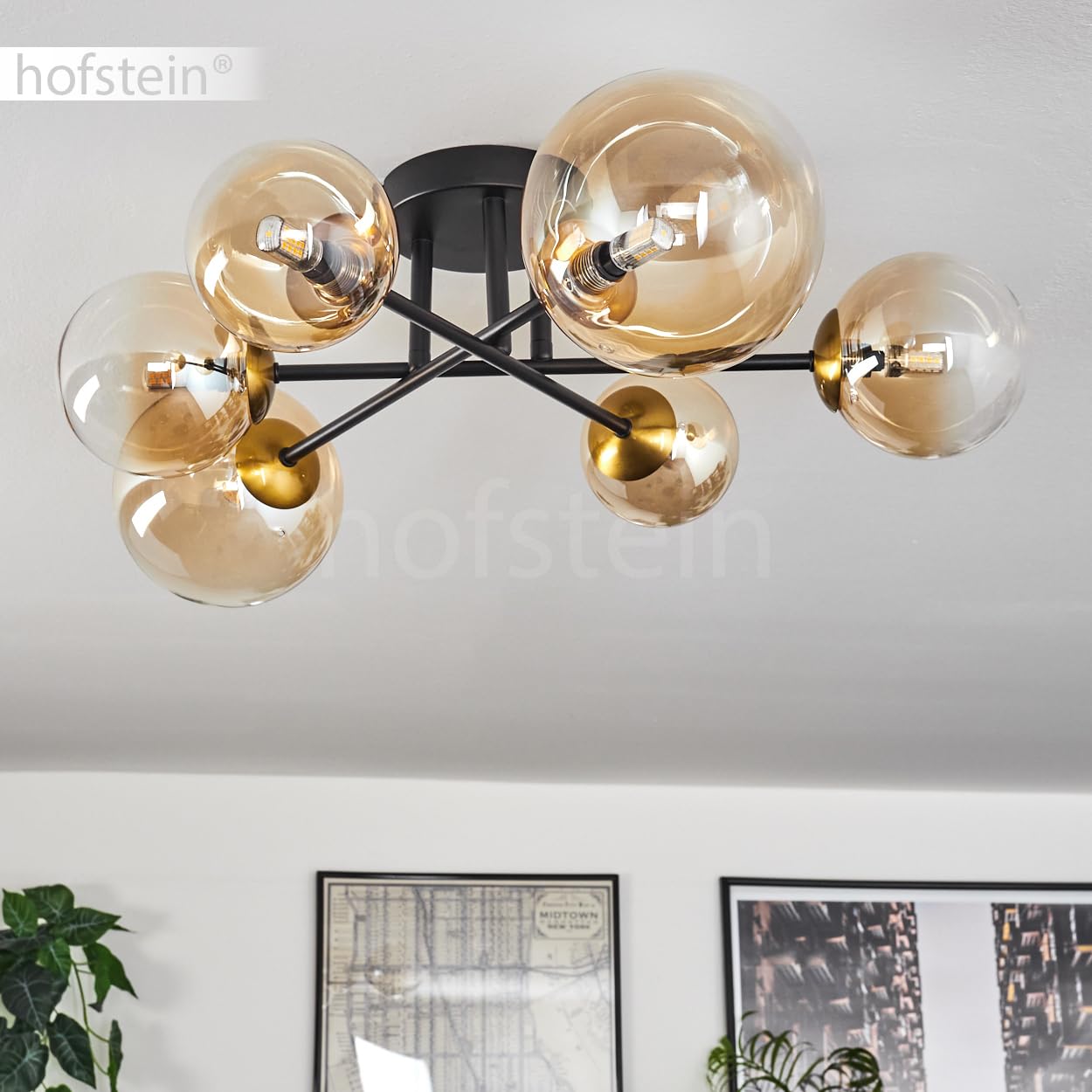 Plafondlamp Chehalis, plafondlamp van metaal/glas in zwart/goudkleurig/rookkleuren/barnsteenkleuren, licht in retro/vintage design met glazen kappen