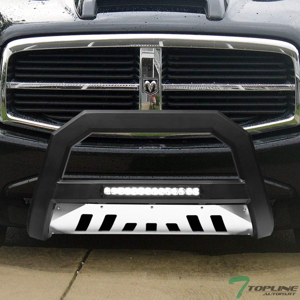 Matte Black AVT Style Aluminum LED Light Bull Bar Brush Push Front Bumper Grill Grille Guard With Stainless Skid Plate Compatible With 04-09 10 Dodge Durango / 06 07-09 Chrysler Aspen