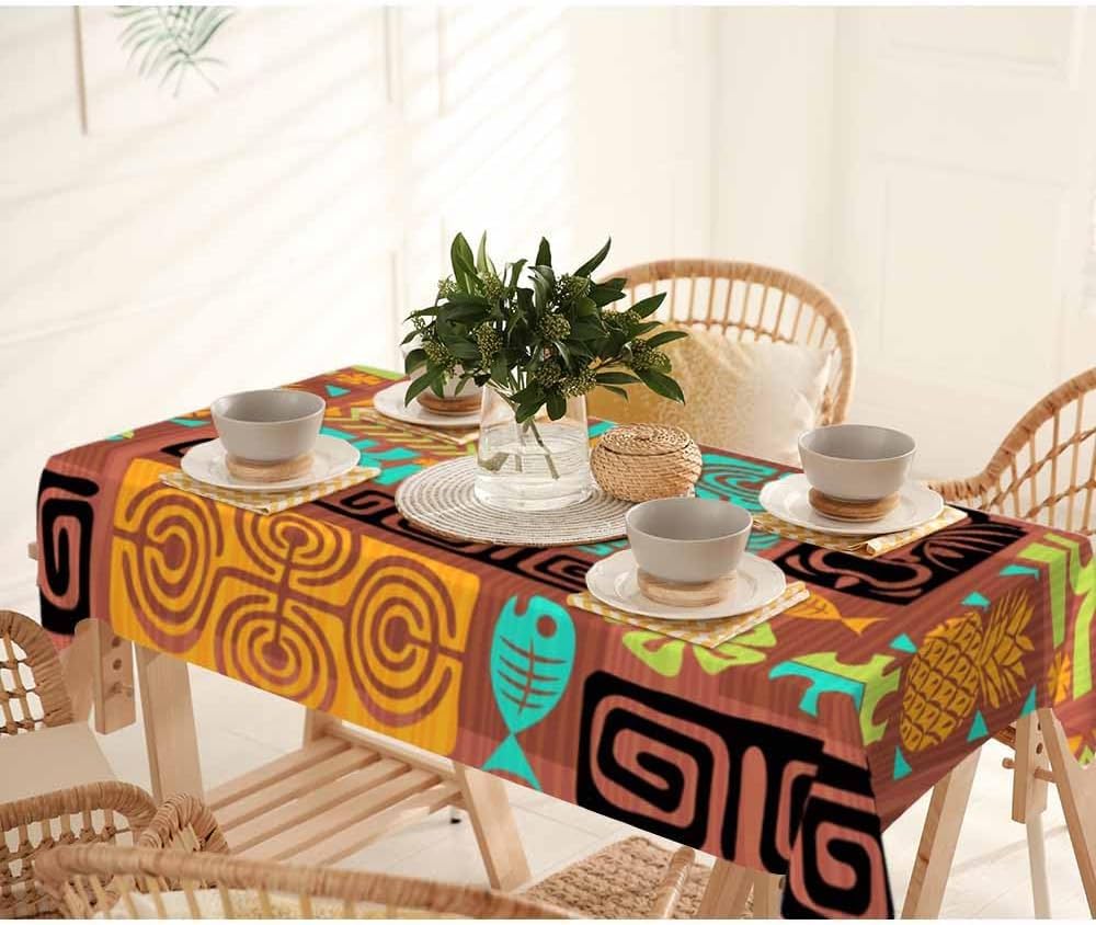 Tovaglia Antimacchia 300x140 cm Rettangolare Geometria Africana Tovaglie Impermeabile 3 Metri Copritavolo Poliestere Protezione Tavolo Esotico, per Feste (12-14 Posti) a-4678