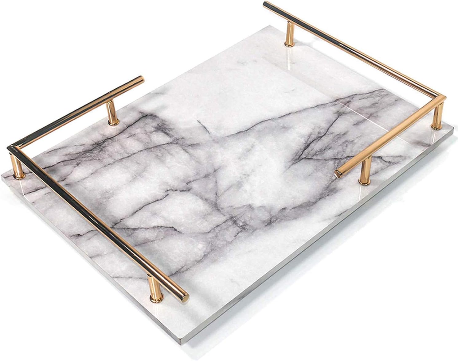 PuTwo Decorative Tray, MDF Tray with Marble Print, Handmade Vanity Tray, Perfume Tray with Gold Metal Handle, Trinket Tray, Catchall Tray for Dresser Bathroom Vanity Table (Gray and White): Kitchen & Dining