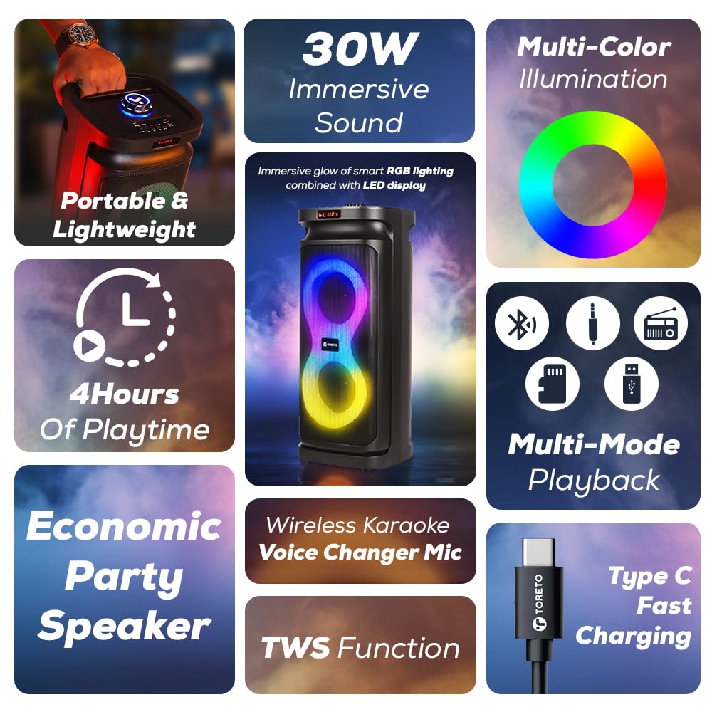 Toreto Party Speaker: Bluetooth & Karaoke! -3
