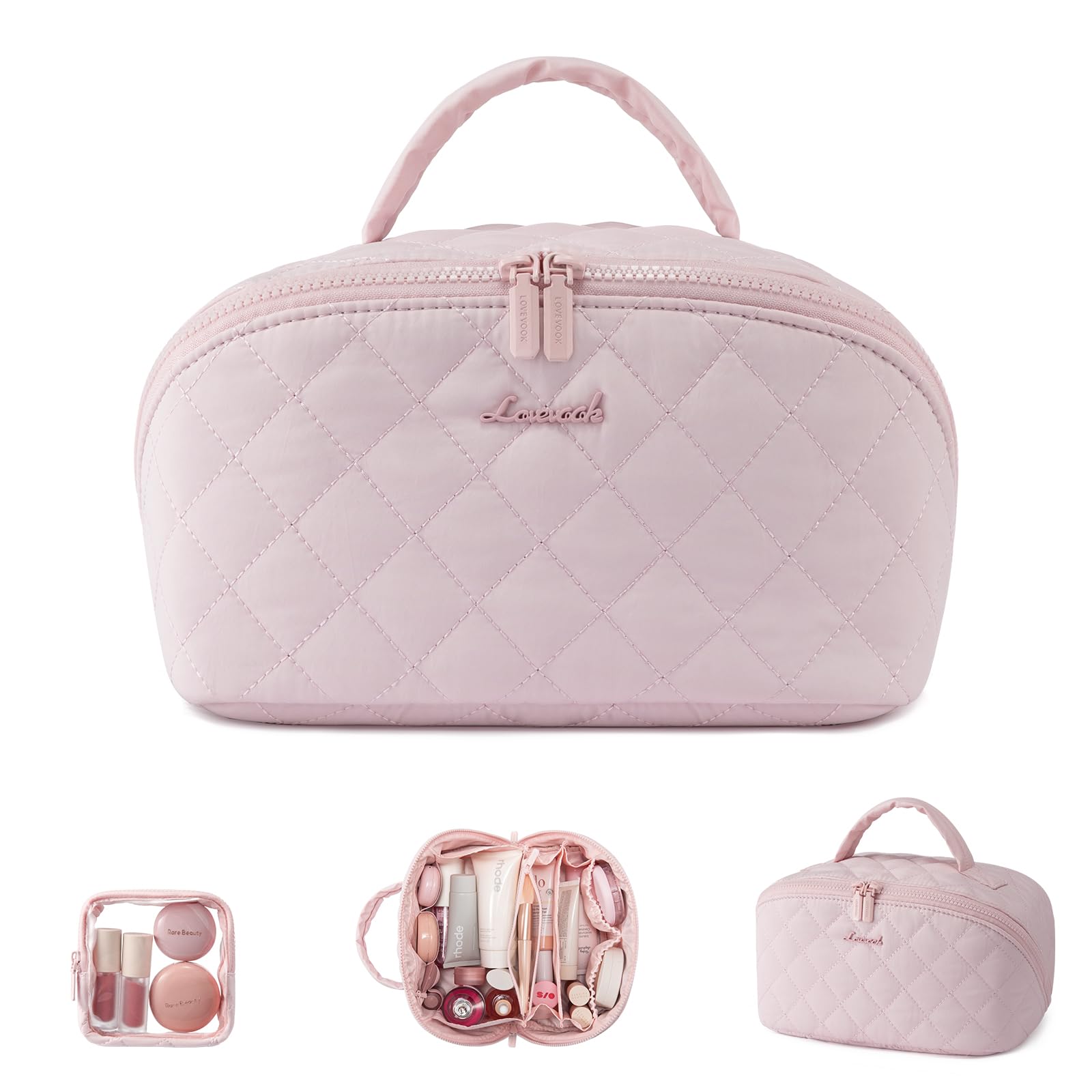 LOVEVOOK Kosmetiktasche Damen, Make up Tasche Groß, Schminktasche Organizer mit fächern, wasserdichte Puffer Kulturbeutel mit 180°-Flachdesign, Wäschemaschinenfeste Kulturtasche für Reisen, Rosa
