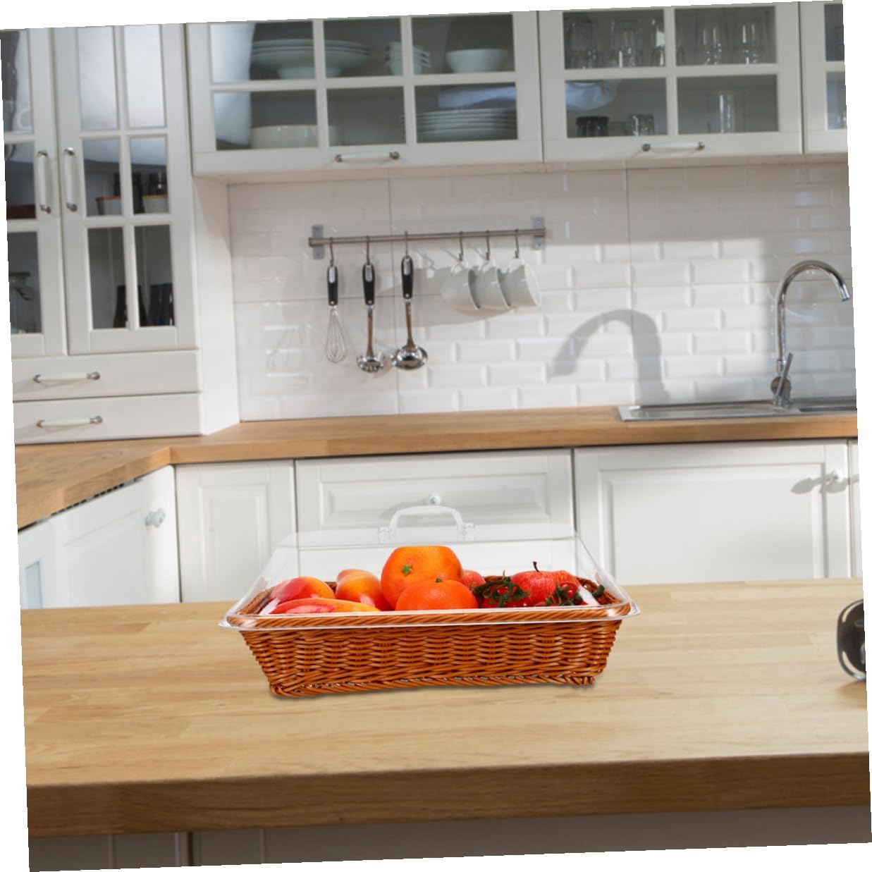 Handwoven Rattan Bread Basket with Lid, Rectangular Woven Fruit and Vegetable Storage Bin 40x30x15cm, Multipurpose Kitchen and Picnic Serving Basket
