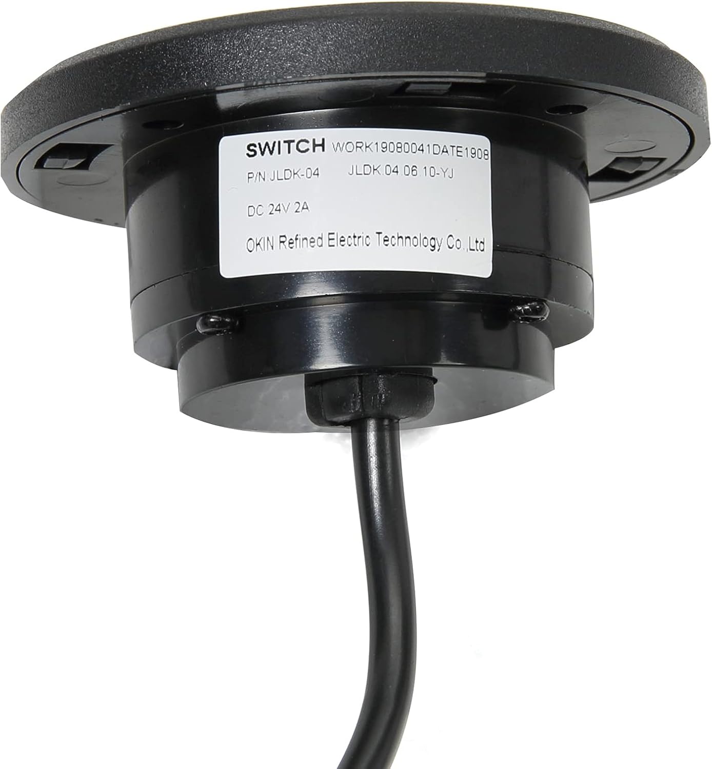 Handapeun view of the Okin 2 Button Round Hand Control Handset with product label