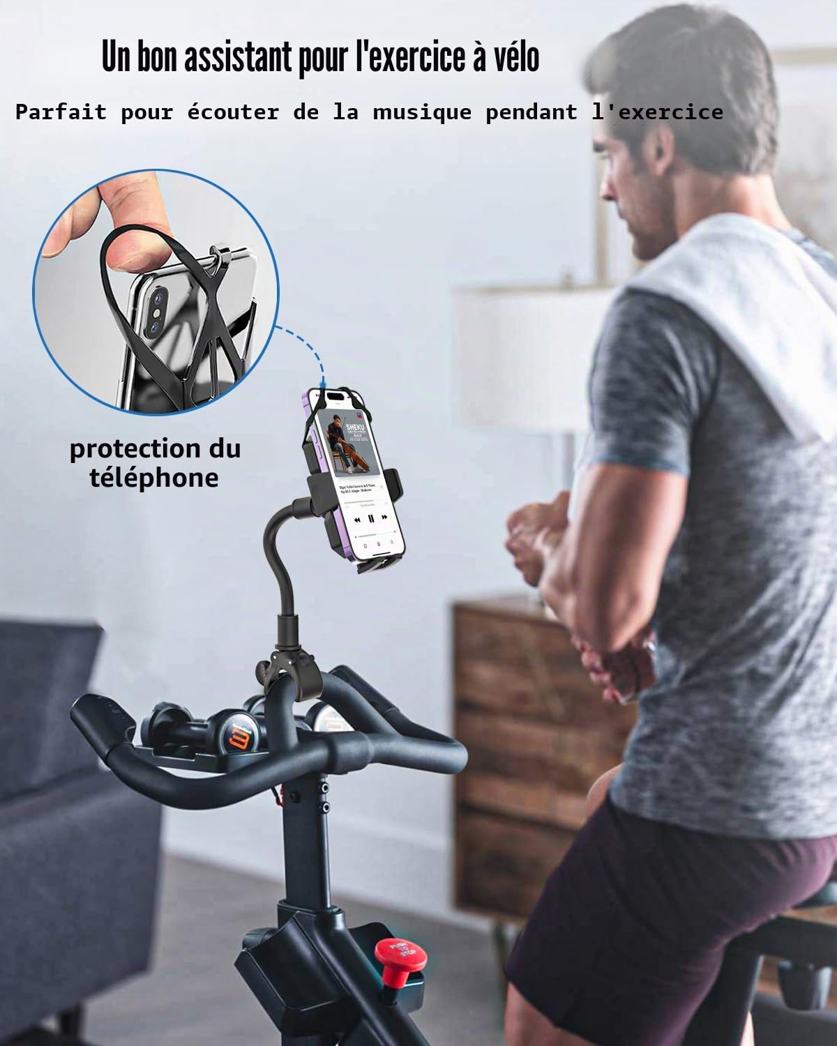 Support Téléphone Velo Guidon, Support Téléphone Tapis de Course en Col de Cygne [Durable Flexible] Porte Home Trainer Elliptique für iPhone 15 14 13 Pro Max, Samsung, 4-7" Smartphones