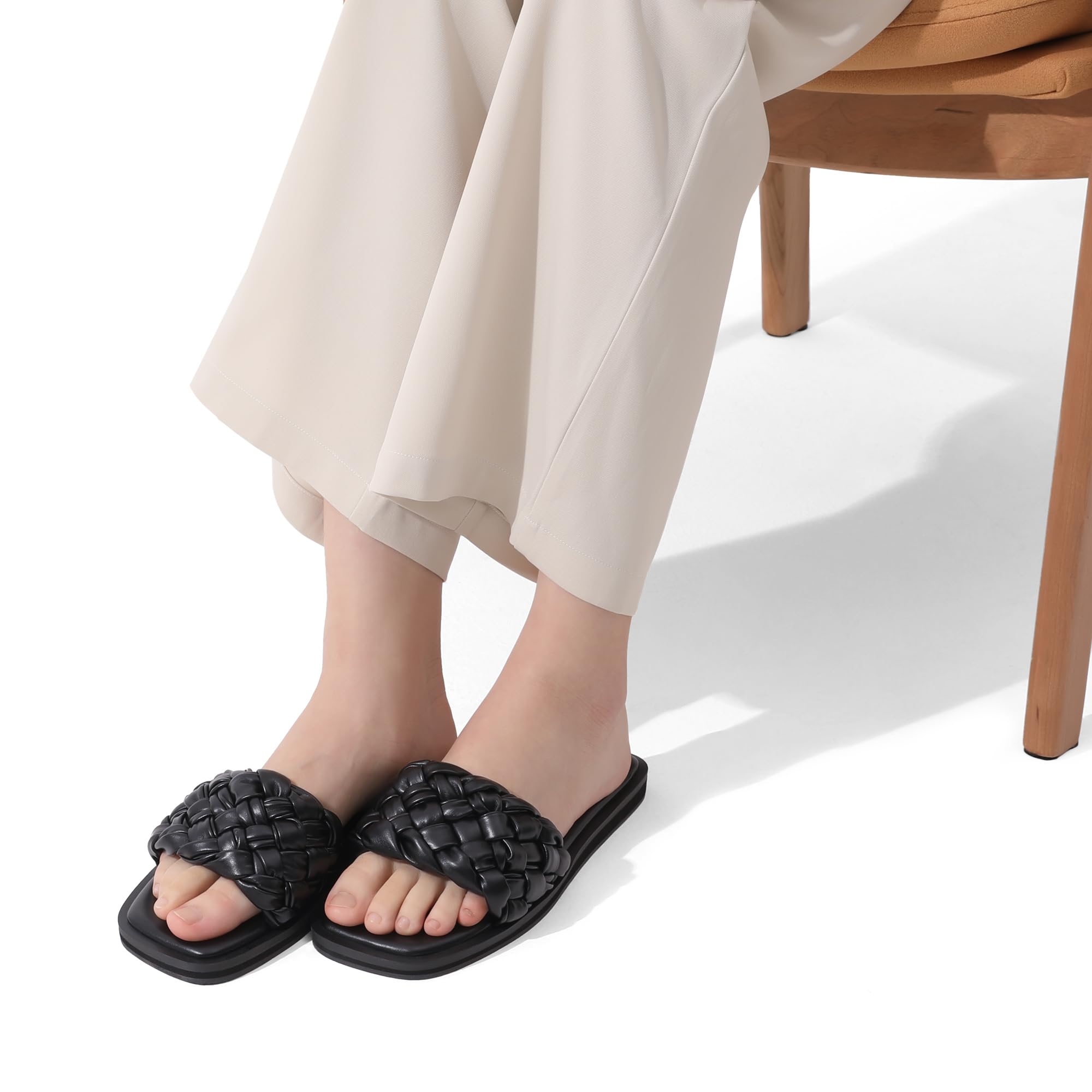 DREAM PAIRS Women's Square Open Toe Slide Sandals Cute Slip on Braided Strap Rhinestone Flat Sandals for Summer