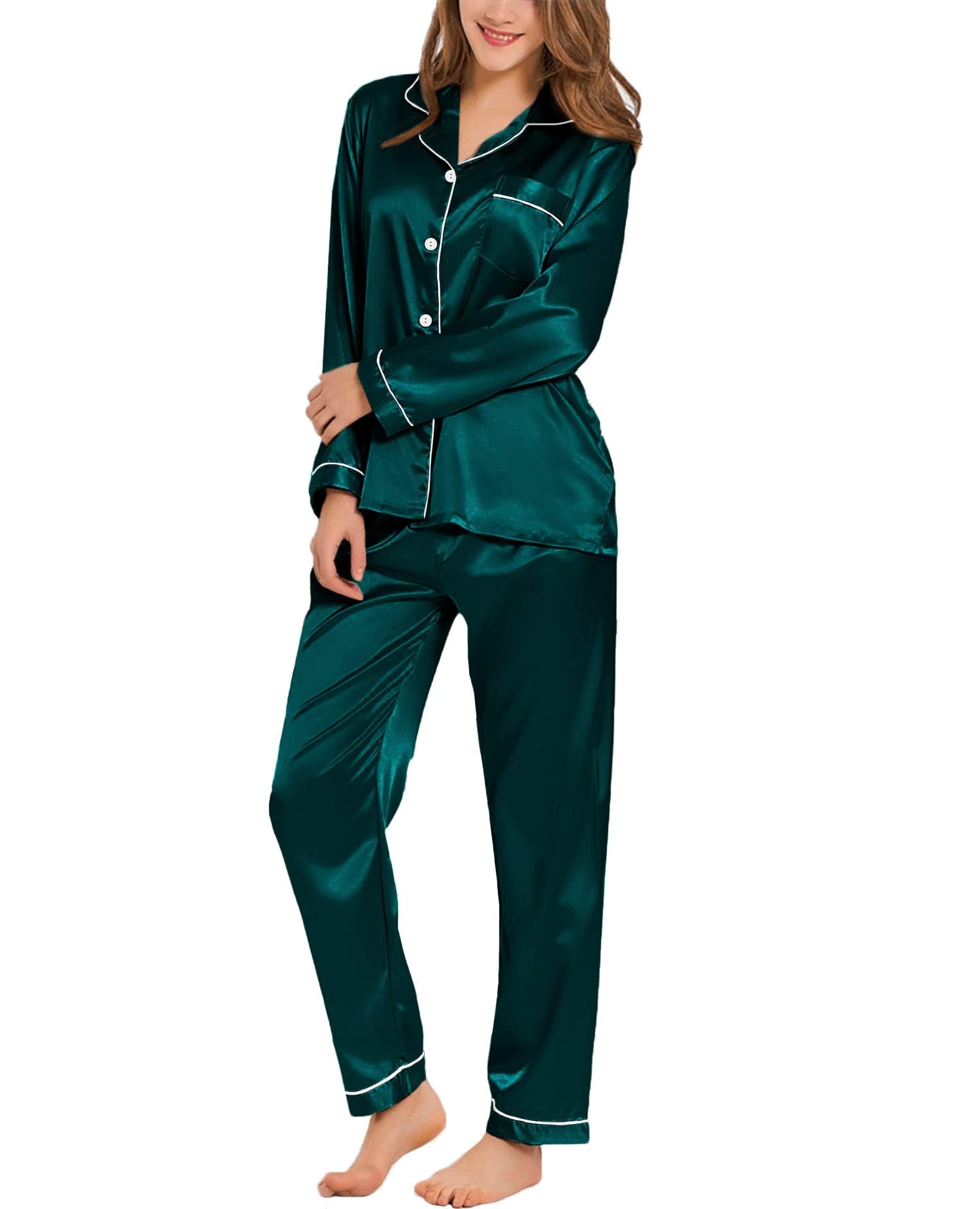 SWOMOGWomen's Pyjama Set Silk Satin Long Sleeve Button Down Pyjamas Two Piece Comfy Sleepwear and Loungewear Set