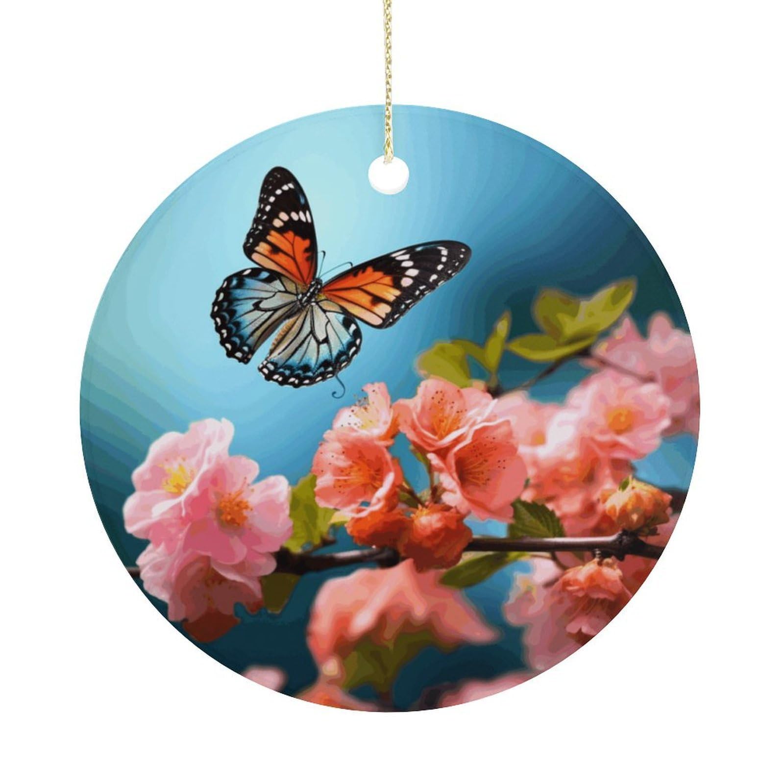 Butterfly with Flowers Christmas Ornaments Colorful Round Ceramic Ornament Christmas Hanging Decor Christmas Tree Decorations Xmas Keepsake for Women Men Xmas Holiday Party