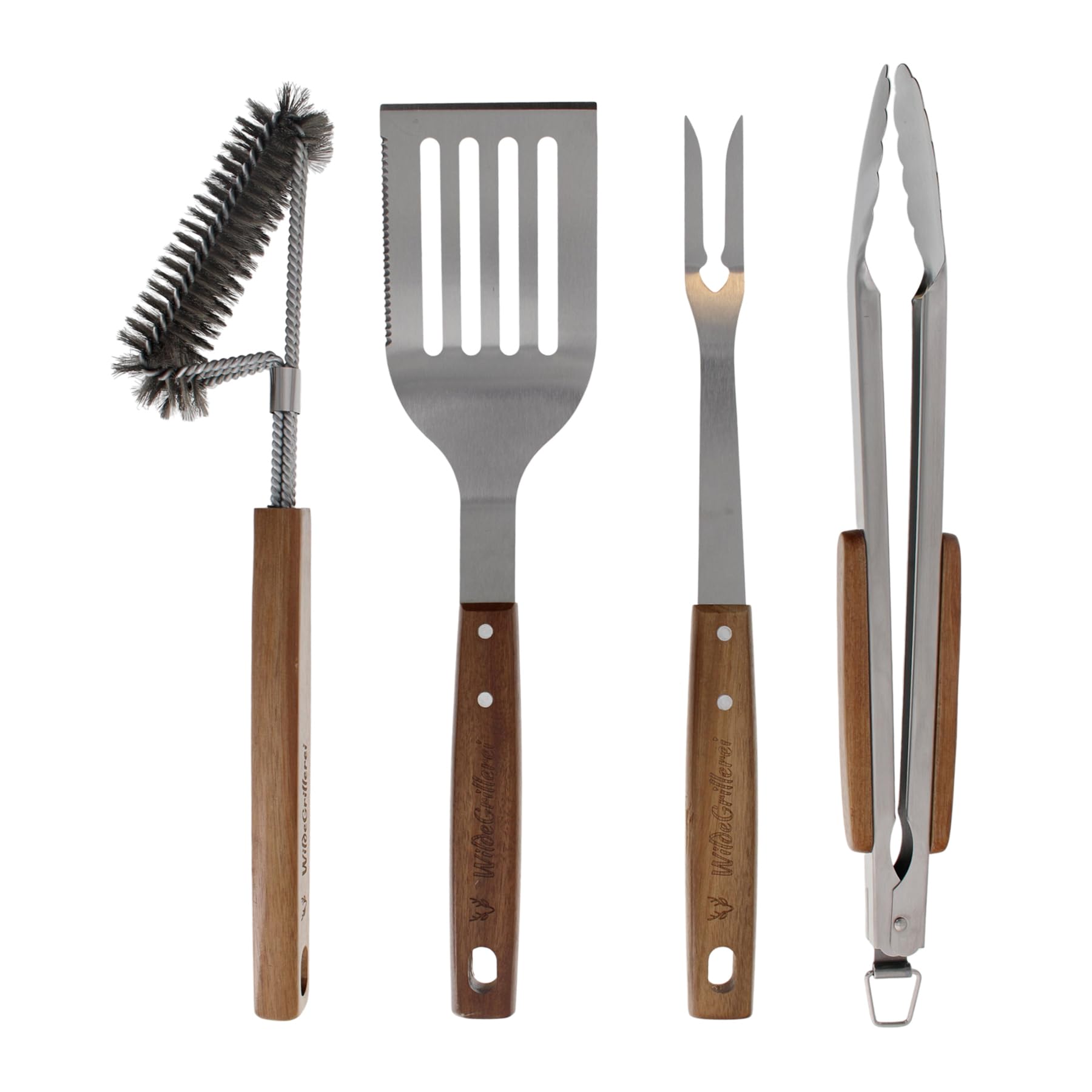Grillbesteck Set 4-teilig Grill-Set Grillzubehör Edelstahl | mit Grillzange, Grillbürste, Grillwender und Fleischgabel, mit Holzgriffen und Aufhänge-Ösen, Länge 42 cm