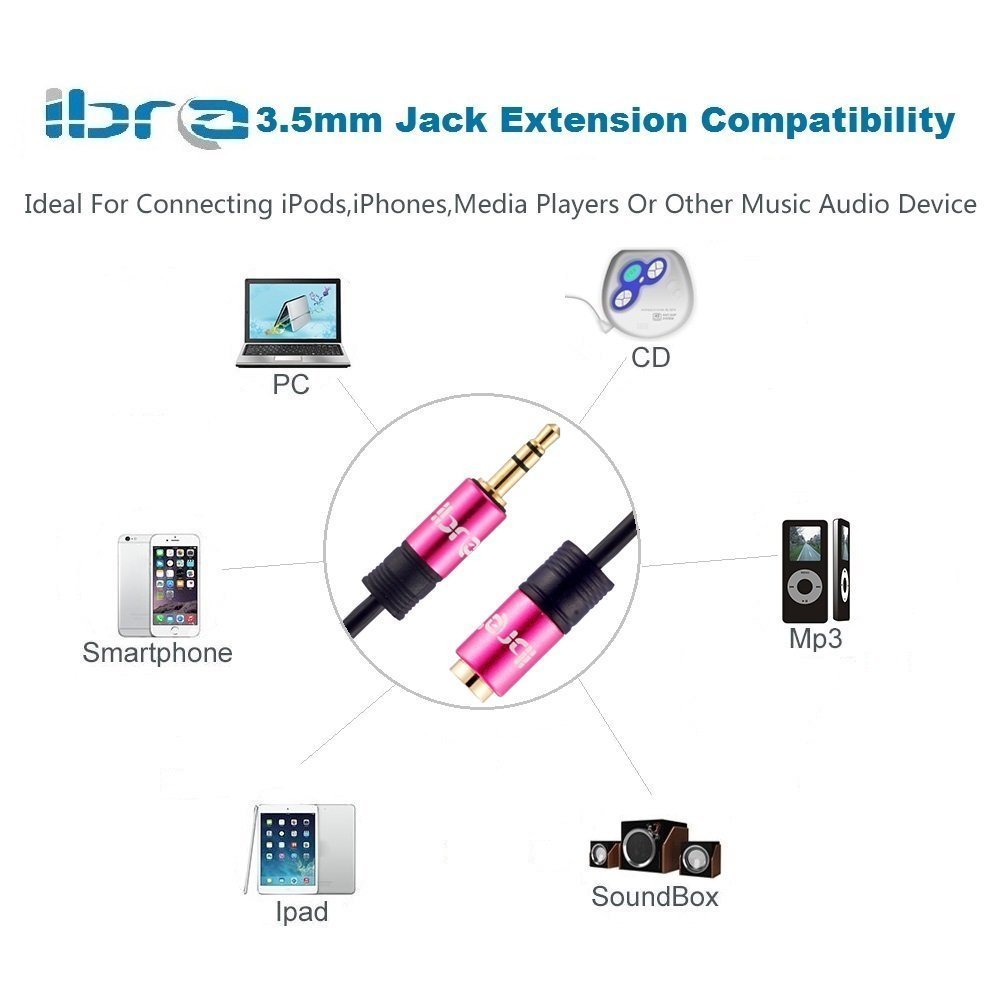 IBRA® 2m Stereo Jack Extension Cable 3.5mm Male > 3.5mm Female - Pink — view 7