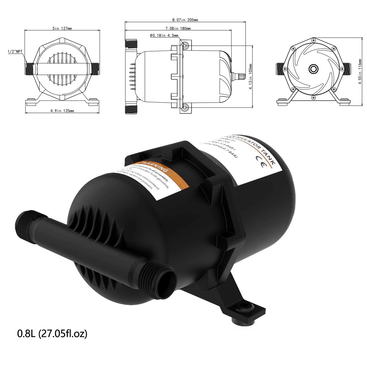 POFET Serbatoio accumulatore di Pressione da 0,8 Litri, accumulatore pressurizzato da 27,05 Once 125 PSI per Camper, Yacht, Marina, roulotte (Nero)
