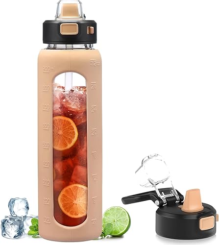 Miniatura 2 de Kodrine Botella de agua con popote suave y lazo de transporte, botella de agua de vidrio de 32 onzas, botella con tapa de bloqueo a prueba de fugas,