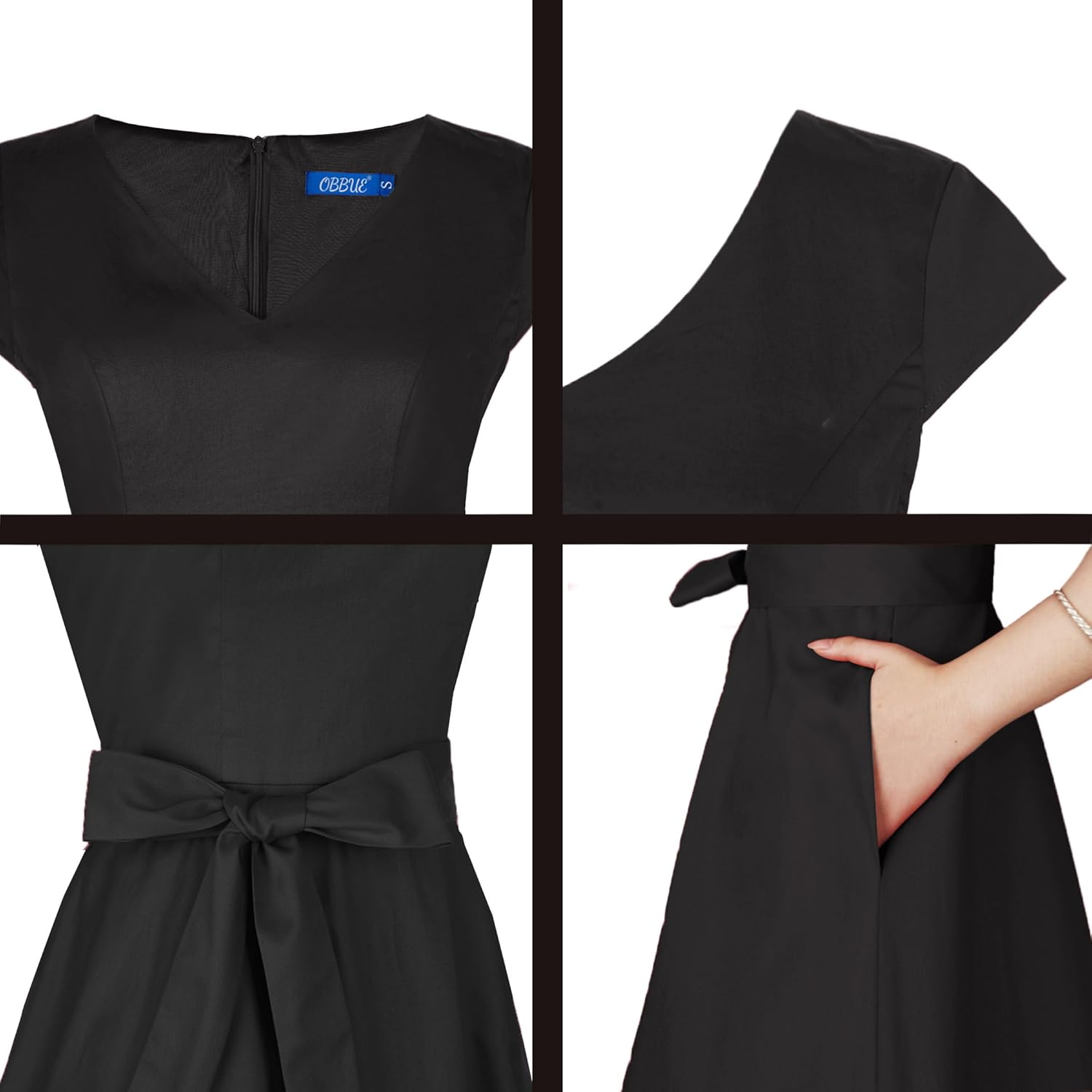 OBBUE Women's Vintage Cocktail Dresses V Neck 1950s Dresses Homecoming Party Short Sleeves Dress with Pockets - Image 5