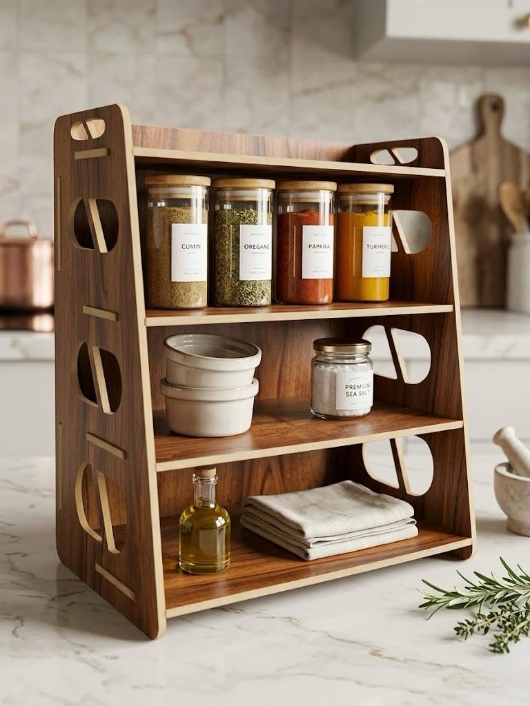 Wooden Spice Rack - 4 Shelves, Wall Mounted -1