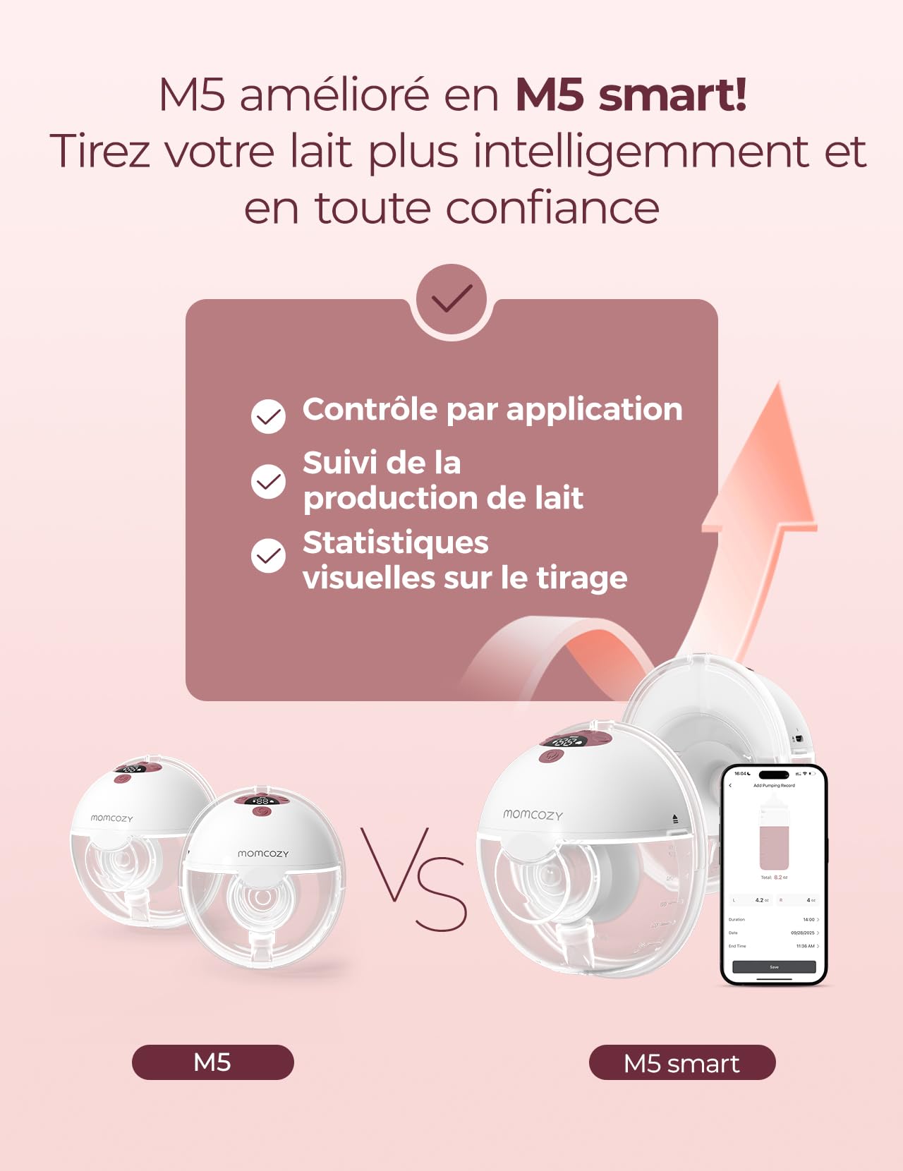 Momcozy M5 Smart Tire-lait Électrique Main Libre, Tire-lait Portable Contrôlé par Application, Pompe Électrique Sans Fil, 3 Modes 9 Niveaux d’Aspiration, Téterelle 24 mm(Rouge, 2 Pièces)