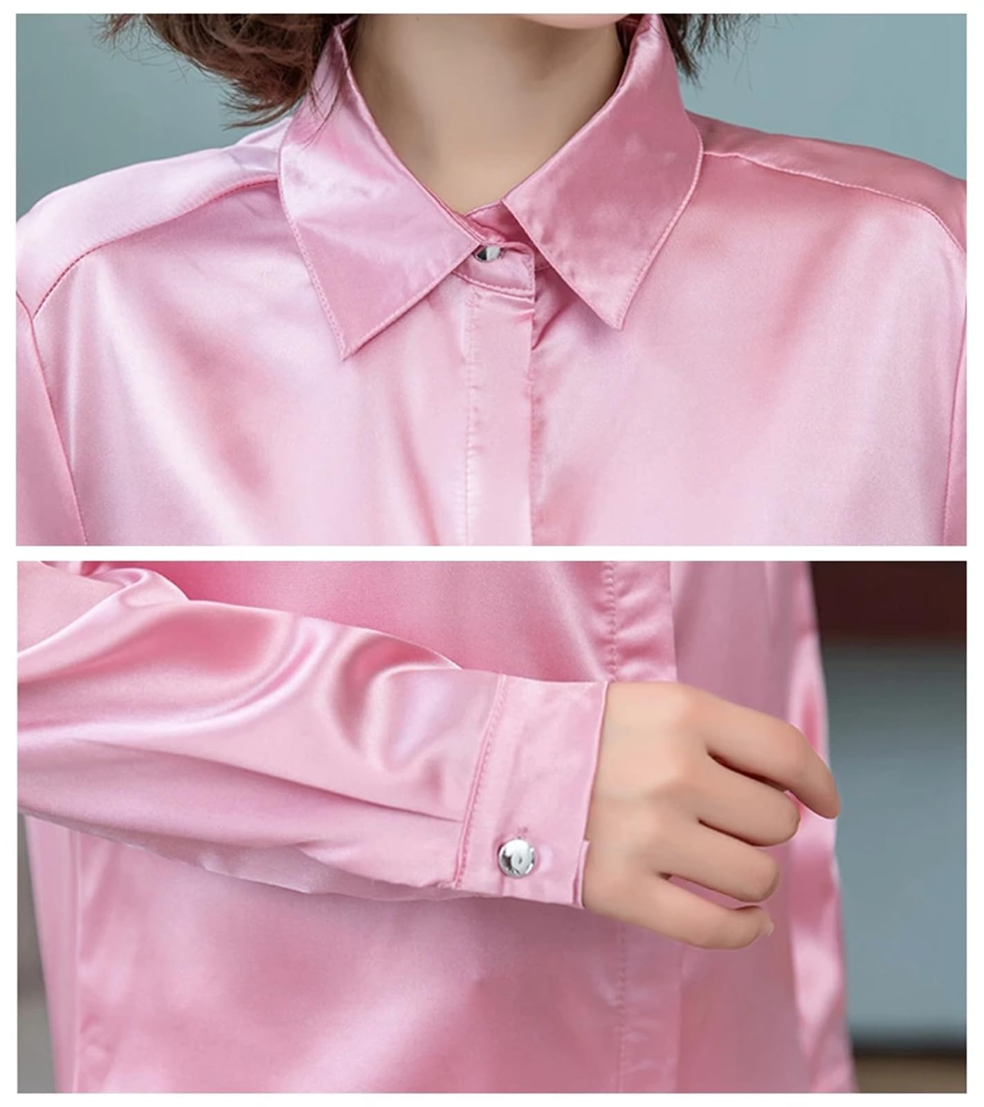 Camisa de trabajo para mujer, blusa de manga larga con solapa y botones ocultos, brillante, básica, de seda satinada, para mujer