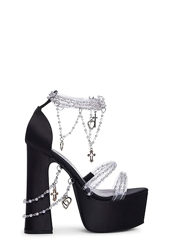 Dolls Kill Holy Revelation Platform Heels by Sugar Thrillz, Velvet Heels with Pearl Beads & Adjustable Straps - 8 - Black