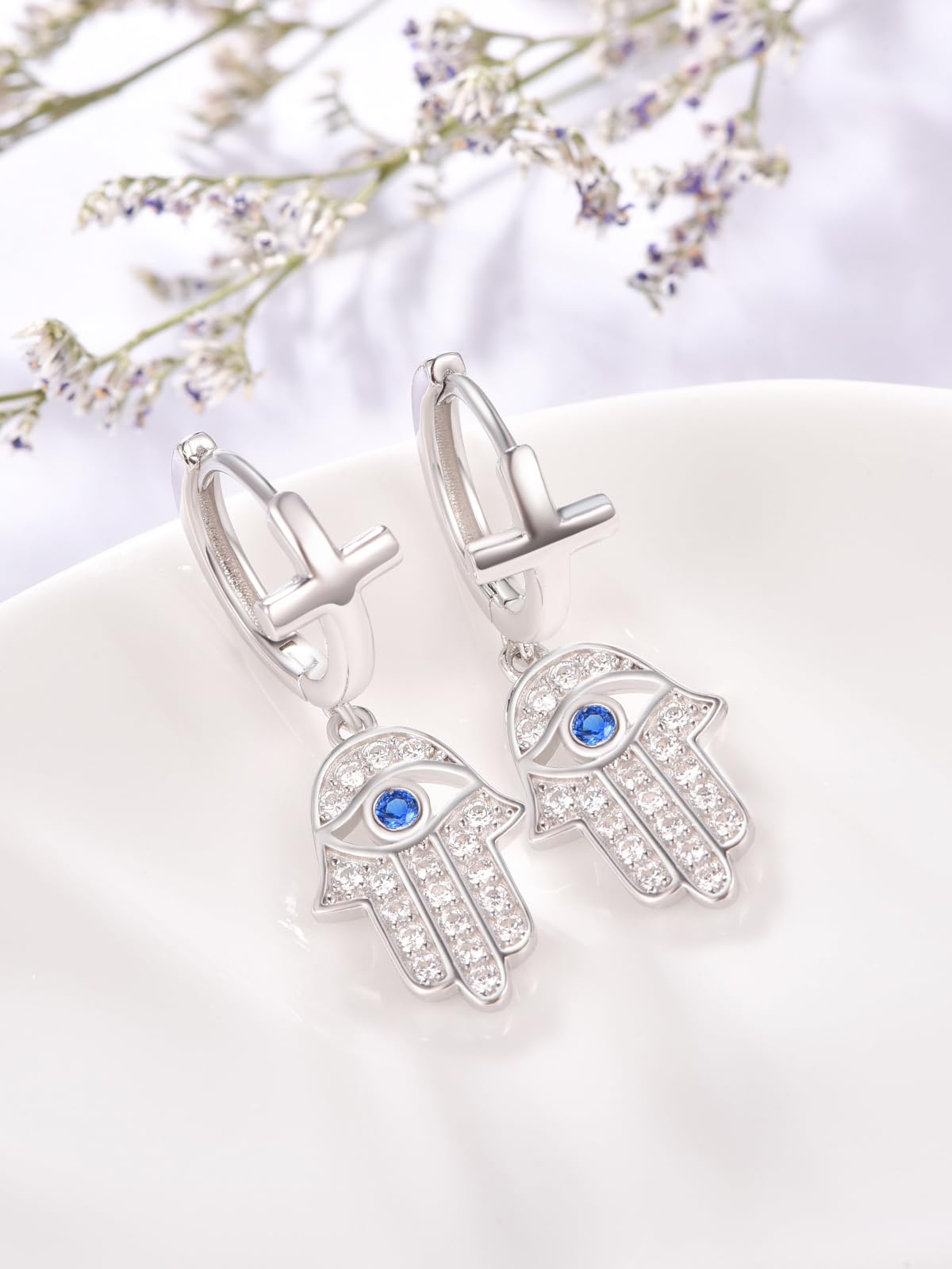 Pendientes de ojo turco para mujer, plata de ley 925, aretes de aro de mano Hamsa, pequeños aretes de joyería con bisagras, regalos para mamá