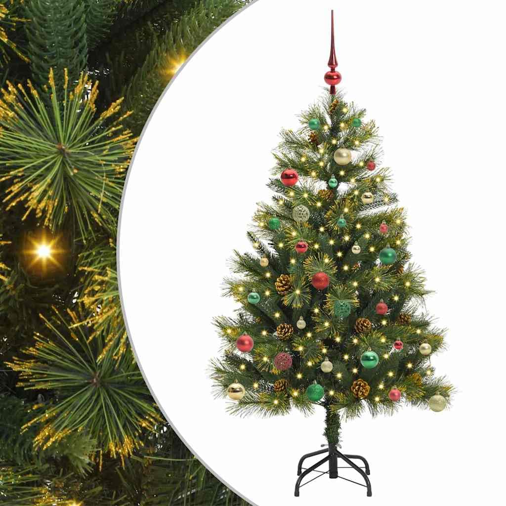 Albero di Natale artificiale pieghevole 150 cm, sottile, con pigne e luci LED bianco caldo, per interni ed esterni, in PVC e metallo