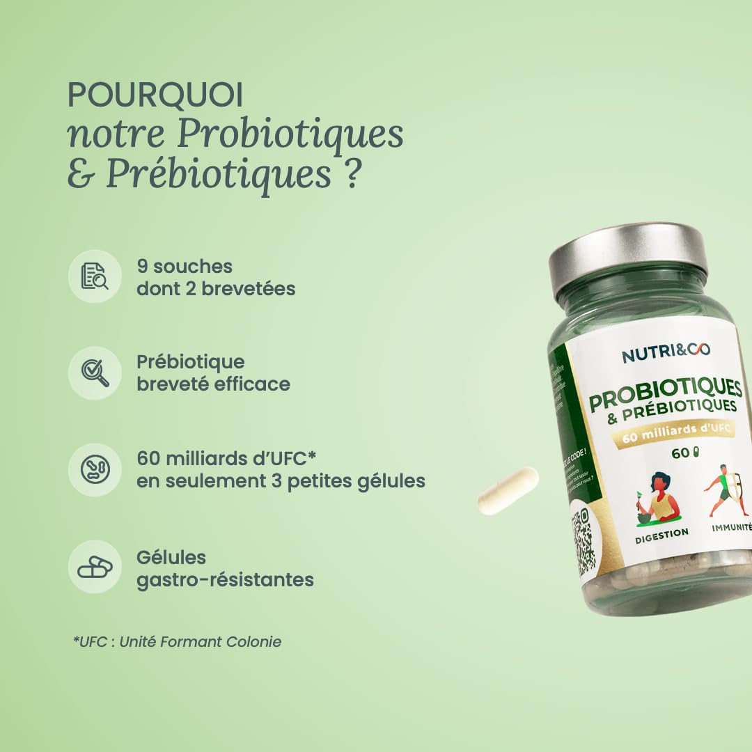 NUTRI & CO Probiotique Flore Intestinale - 60 Milliards UFC/jour - 9 Souches dont 2 Lactobacillus Brevetées - 60 Gélules Gastro-Résistantes aux Enzymes Digestives - Conditionné en France