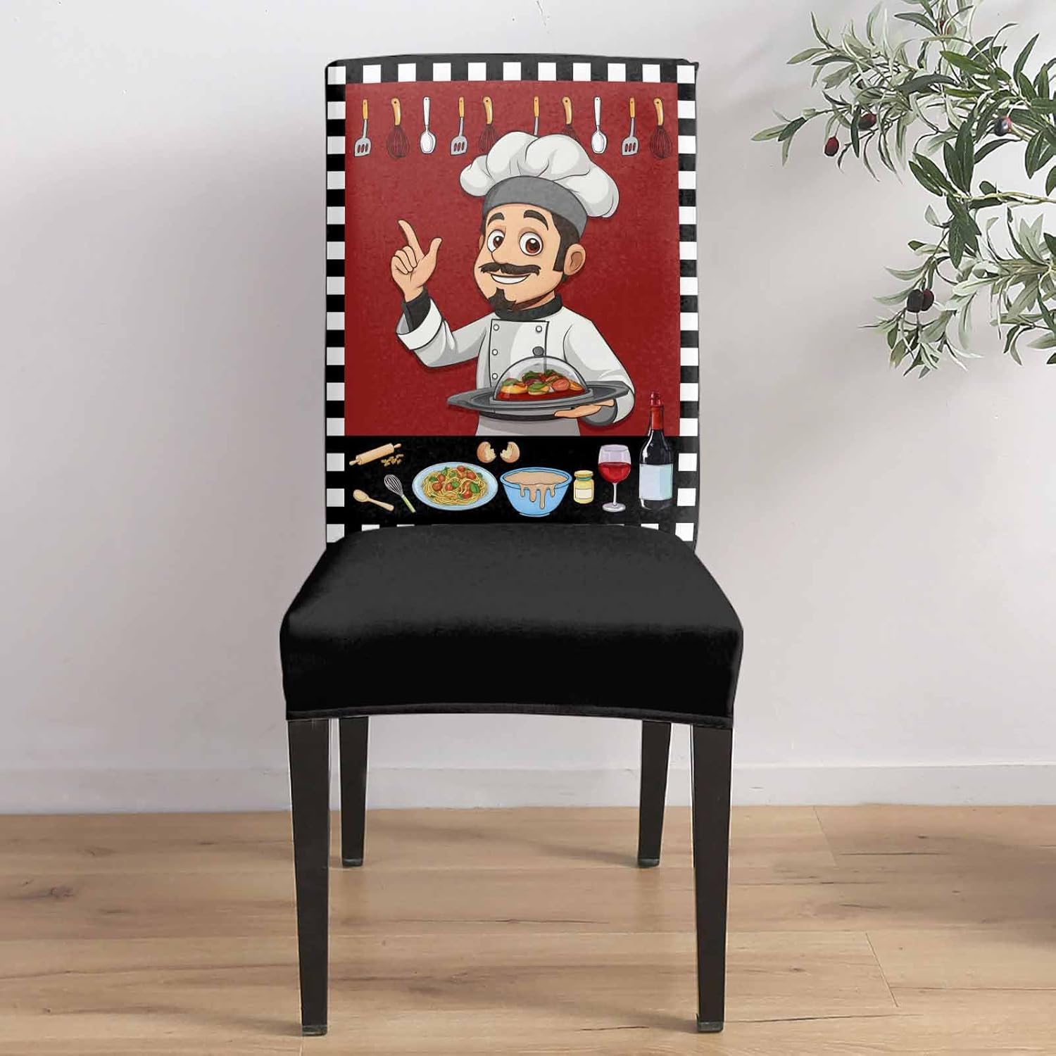 Chair Covers for Dining Room Set of 1, Stretch Dining Chair Cover, Red Background Chef Black And White Check Removable Washable Kitchen Chair Seat Slipcovers for Banquet, Wedding, Hotel