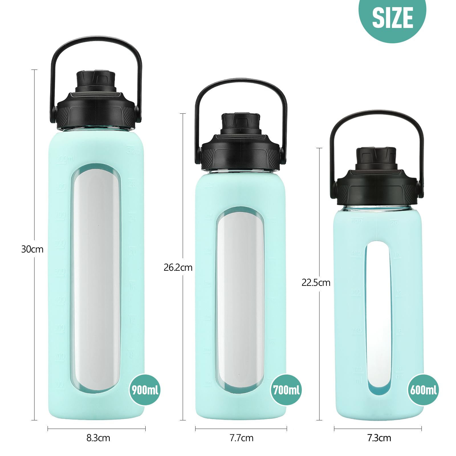 BLUEGO Borraccia Vetro 700ml con 2 Coperchi e Cannuccia, Sportiva Bottiglia d'Acqua con Custodia in Silicone e Indicatori di Tempo, Senza BPA, Azzurro