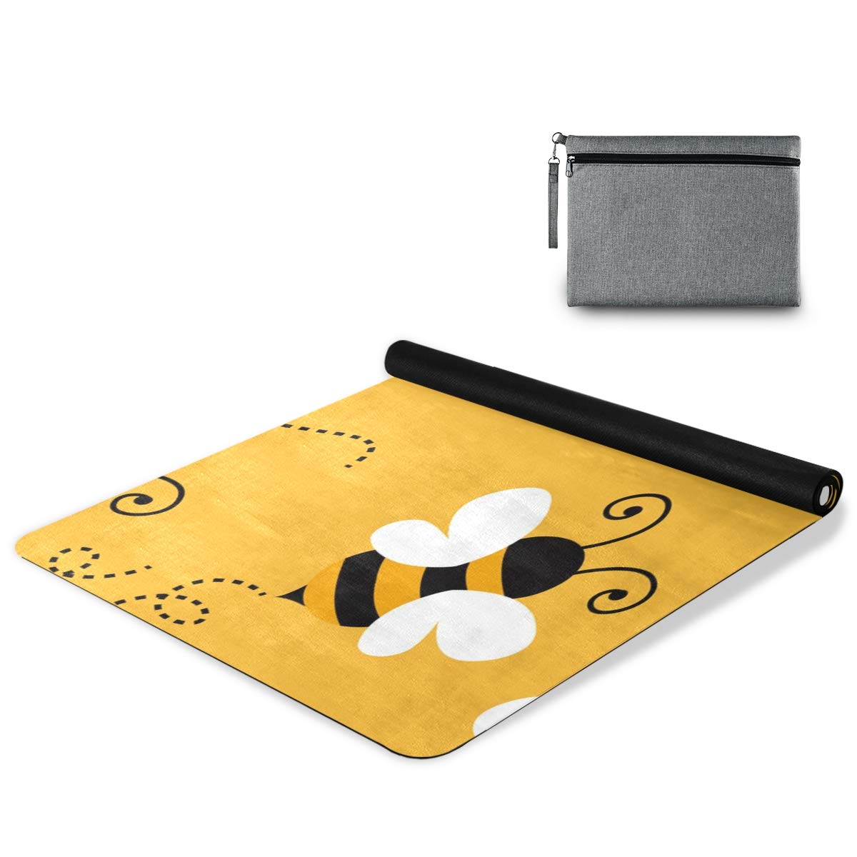 MOYYO Cute Little Bee Yoga Mat Printed Suede Natural Rubber Thin Hot Yoga Mat Non Slip Sweat Fitness Mat 71x26 Inch Portable Travel Yoga Mat for Yoga Pilates and Floor Exercises