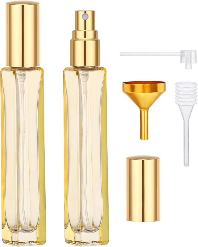 Segbeauty Frascos de Perfume com Spray Recarregáveis de Vidro Amarelo, 10 mL, Pacote com 2 e Kit de Transferência