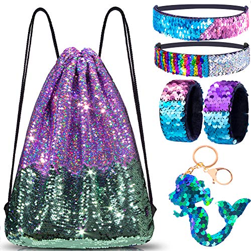 GA&EN Mermaid Reversible Sequin Drawstring Backpack/Bag Iridescent Dotted Dark SeaGreen/Purple for Kids Girls