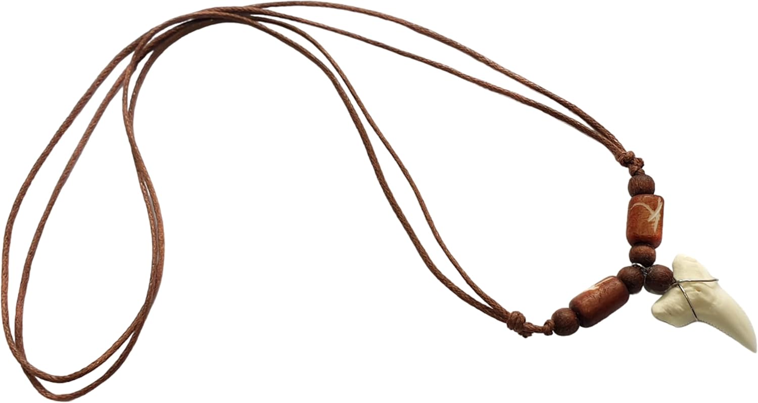 Genuine Mako Shark Tooth Necklace, Unisex Adult, 16-32 Inch Adjustable, Brown Wooden Beads & Waxed Cords, BA371 - Image 5