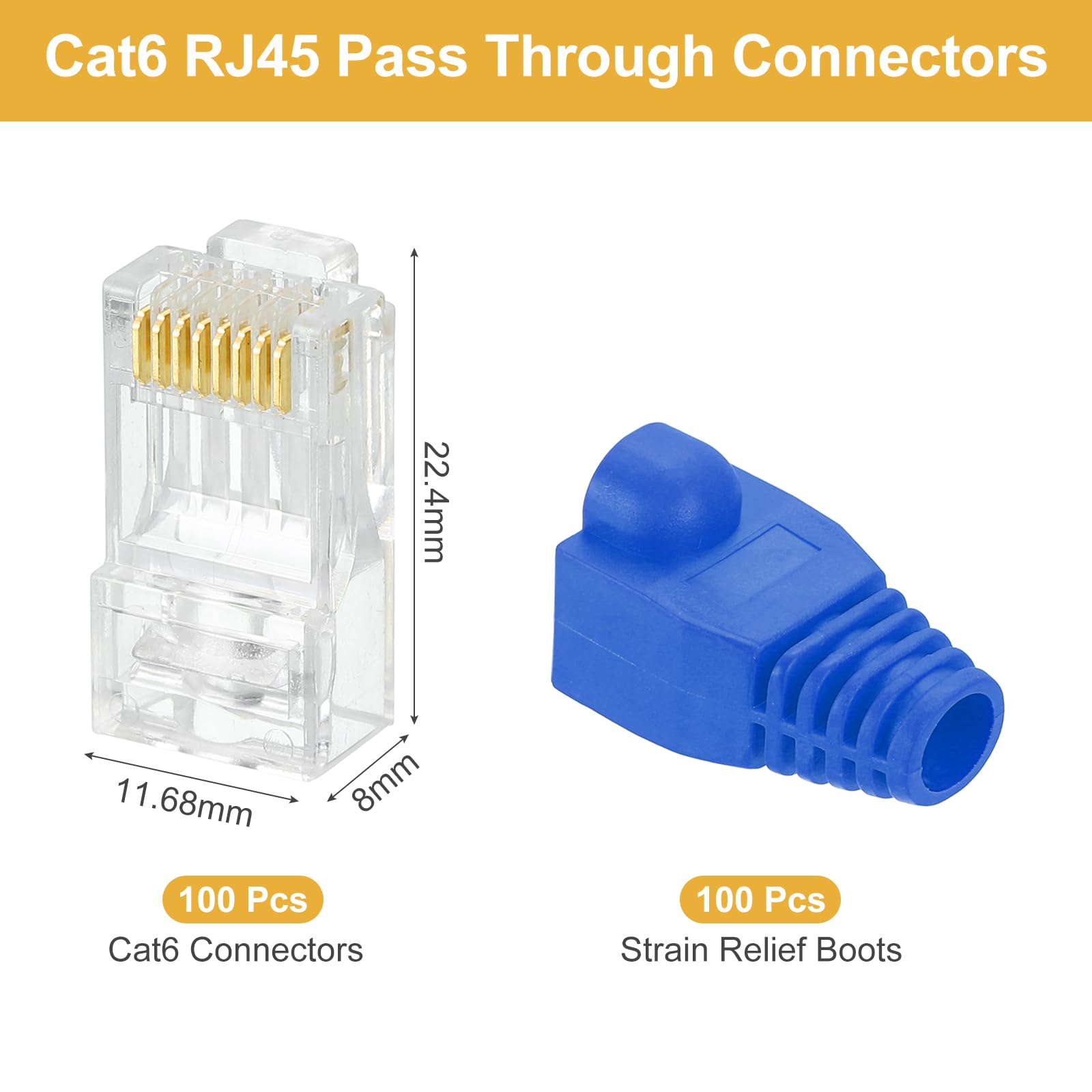 MECCANIXITY 100 connettori RJ45 Cat6, connettori RJ45, 8P8C, placcati in oro, con 100 connettori blu per cavi Ethernet UTP solidi o intrecciati, 1,1 mm