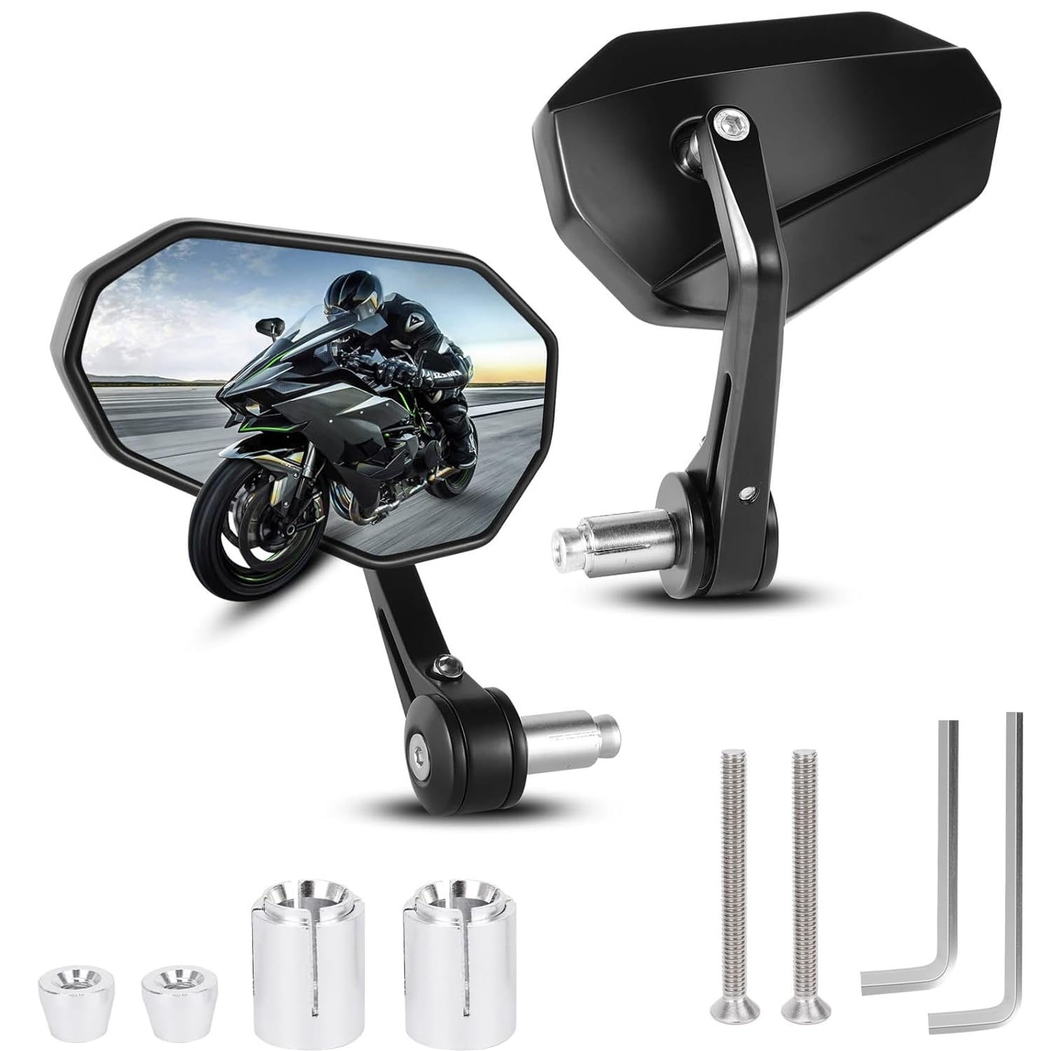 Azonee Motorcycle Mirrors, Universal Motorcycle Bar End Mirrors, Extension Motorbike Side Wing Mirror, 360 Degrees Ball-Type Adjustment, Aluminum Handlebar Mirrors for Motorcycles E-bike Scooters