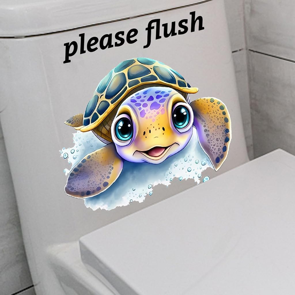Funny Cartoon Turtle Toilet Cover Sticker Decals,Colorful Turtle Drop Letter Waterproof Toilet Lid Tank Seat Decals Cistern Self-Adhesive Bathroom Wall Sticker