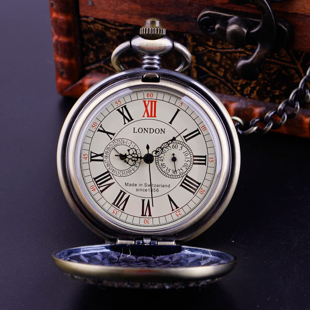 Tiong Mechanische Hand Wickeln London Taschenuhr Vintage Bronze Hirsch Fall Roman Ziffer Herren Taschenuhren