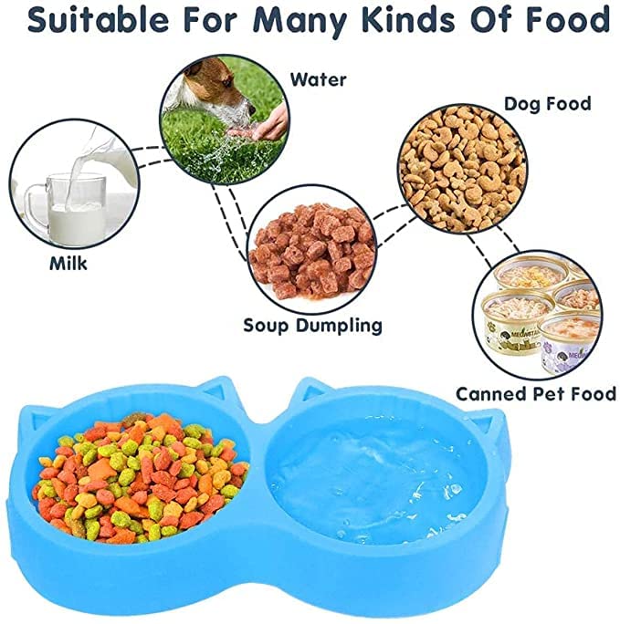 Image of Non-Slip, Non-Toxic Pet Feeding Plastic Cat Face Shaped Double Bowl Food & Water Feeder 2-in-1 Bowl for Dogs and Cats (Color May Vary)