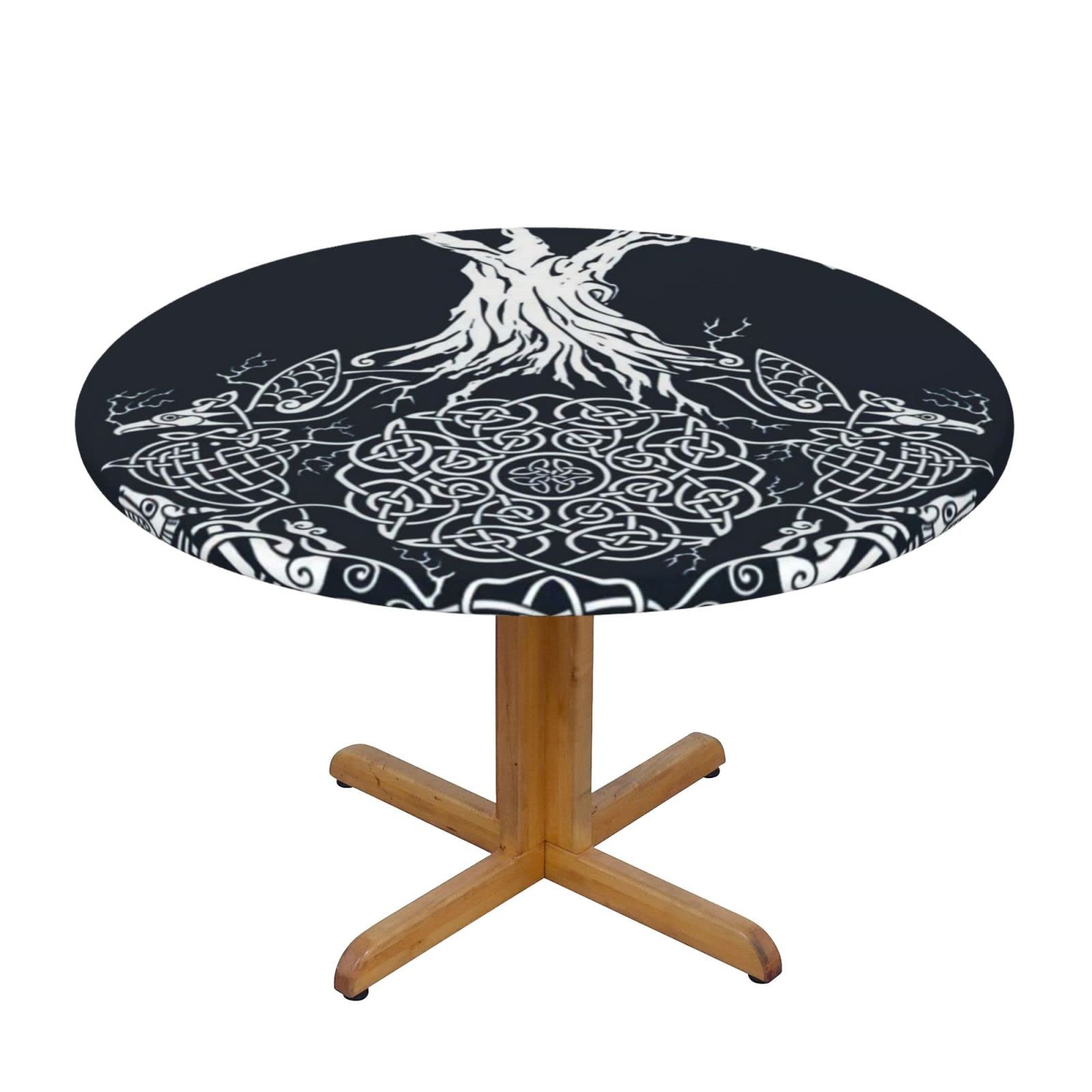 Lsjuee Round Fitted Tablecloth 45-50in Elastic Edged Table Cloth for Kitchen Dining Party Home Decor - Viking Symbol Tree Black
