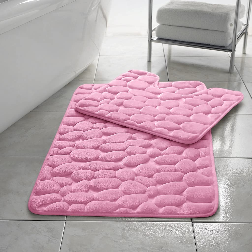 ER Direct Memory Foam Bath Mat 2 Piece Set Pebbles Non Slip Pedestal and Bath Mat Toilet Bathroom (Pink)