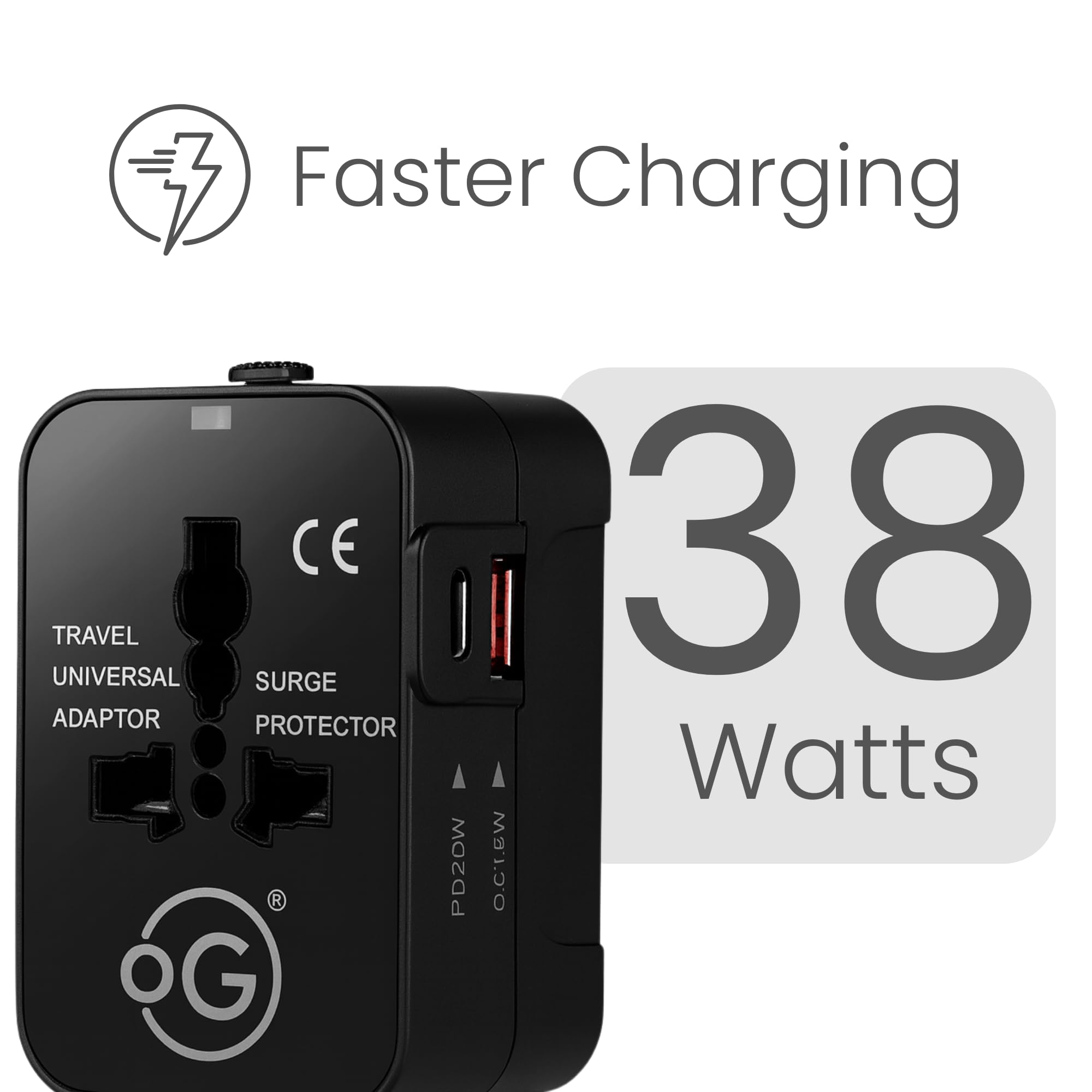 OOGE Universal Travel Adapter All-in-One, 38W Fast Charger with USB-C PD & QC 3.0 USB-A, International Travel Adapter for 200+ Countries with US/UK/EU/AU Plugs, Compact Universal Charger Adapter — Amazon image 2