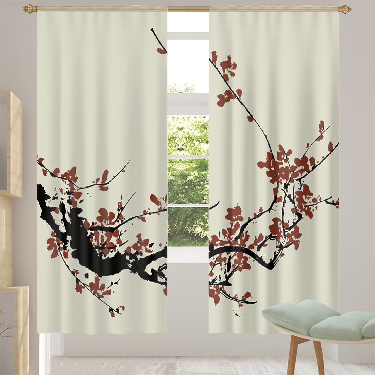 Juego de 2 paneles de cortinas semitransparentes de 55 x 84 pulgadas, flores japonesas de cerezo, con bolsillo para barra, filtran la luz, para dormitorio, sala de estar