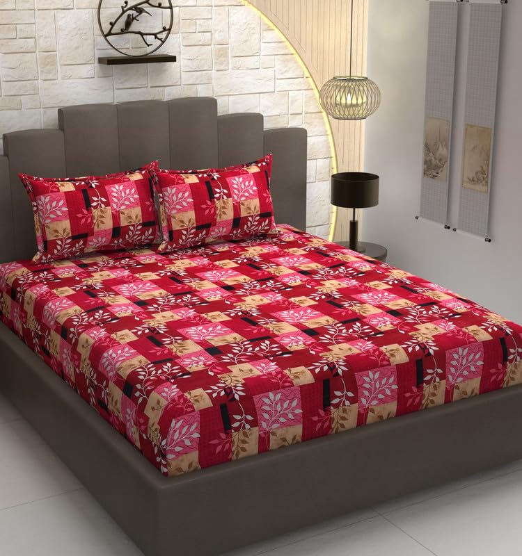 Luxury Trends Premium Cotton Flat Double Bedsheets with 2 King Size Pillow Covers | Double Bed Breathable | Wrinklefree | Ultrasoft 220 tc Supersoft Floral | 90×90 Inches, Maroon Beige Pink